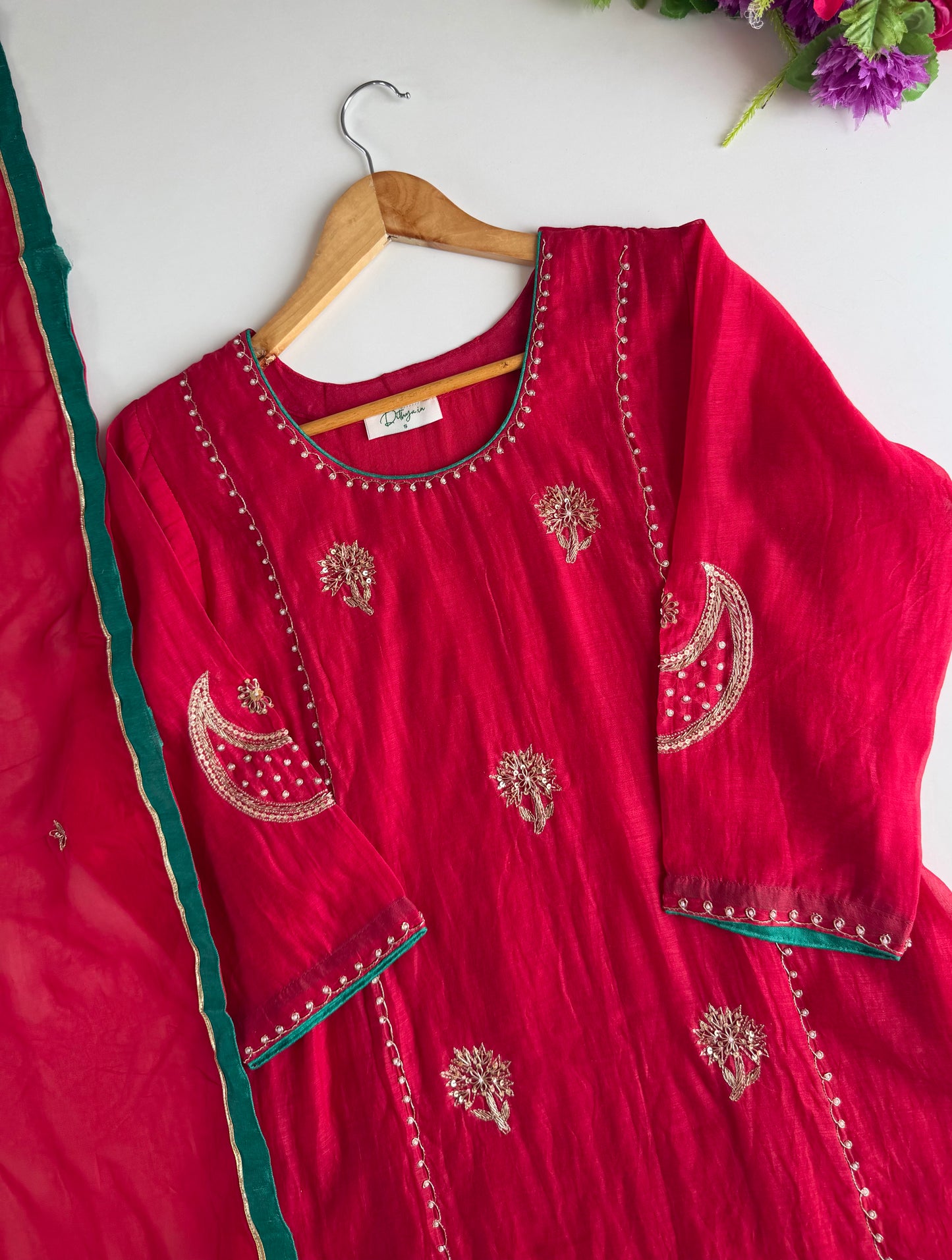 K050 - Mul chanderi handwork aline Kurti with pants and dupatta