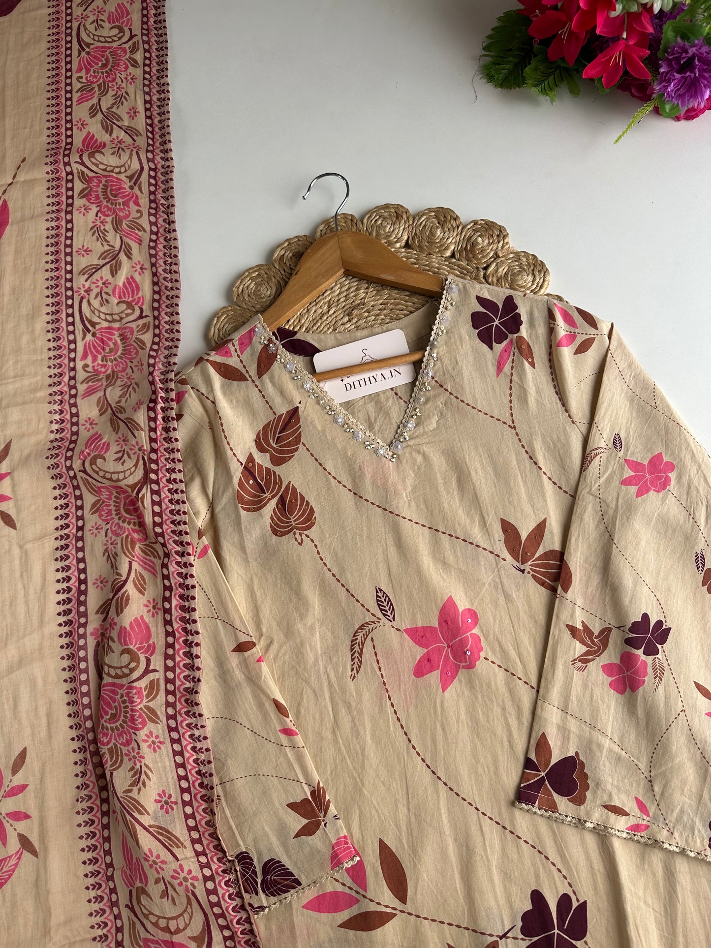 K146 - Mul cotton embroidered straight Kurti with pants and dupatta