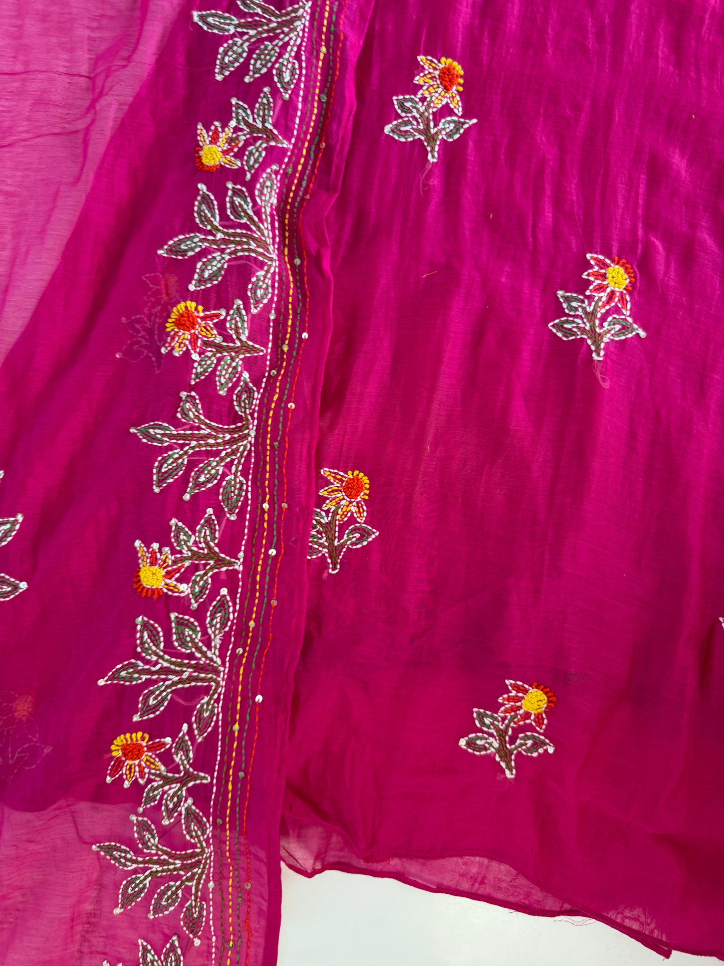 K437 - Mul chanderi Embroidered Aline Kurti with pants and dupatta