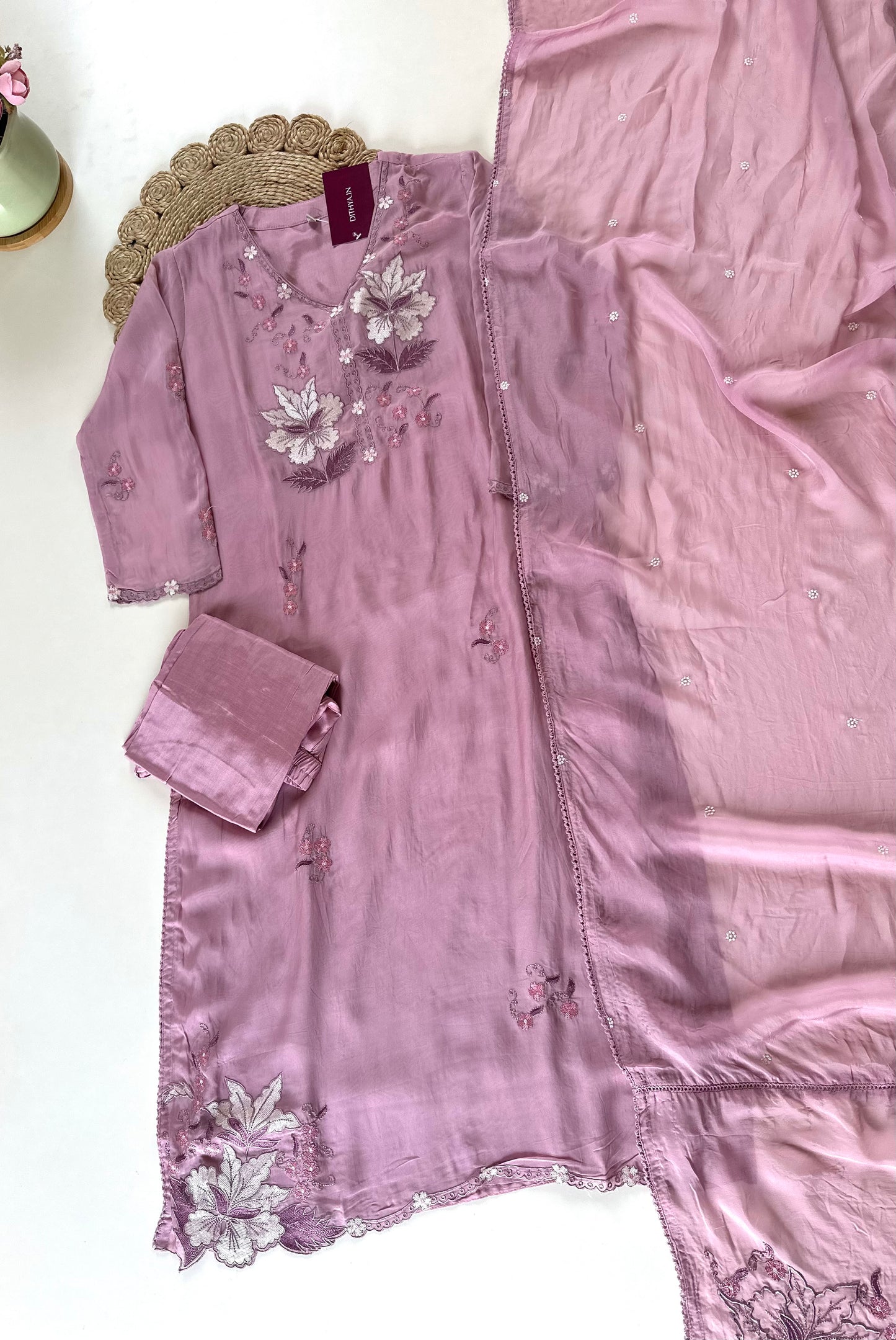 K432 - Viscose organza embroidered straight Kurti with pants and dupatta