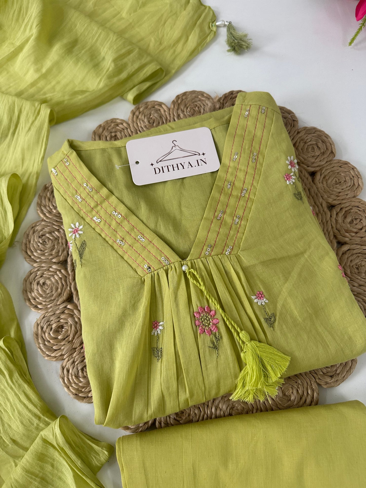 K395 - Mul cotton embroidered Aline Kurti with pants and dupatta in 3 colours
