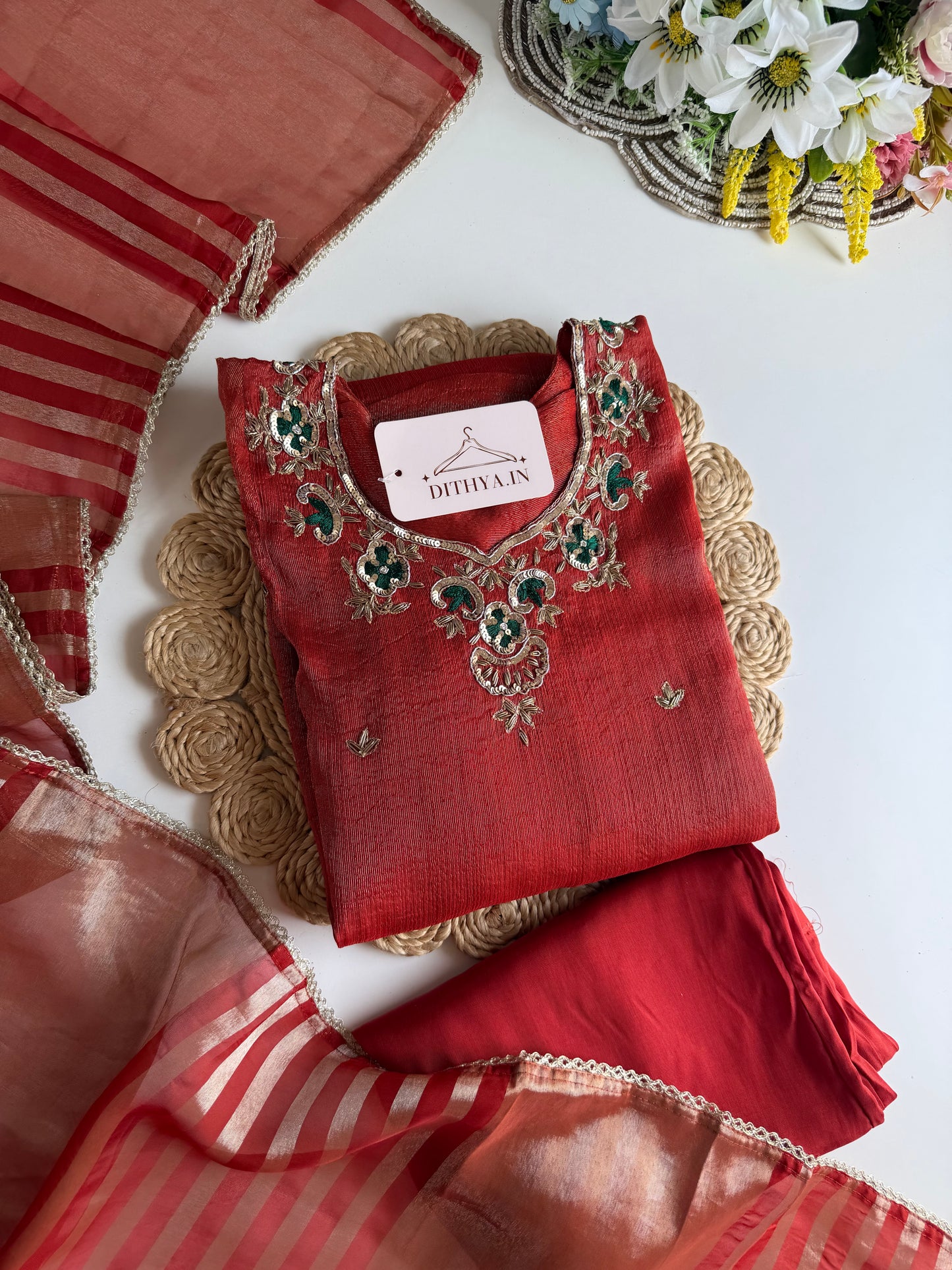 K491 - Tissue silk handwork aline Kurti with pants and dupatta