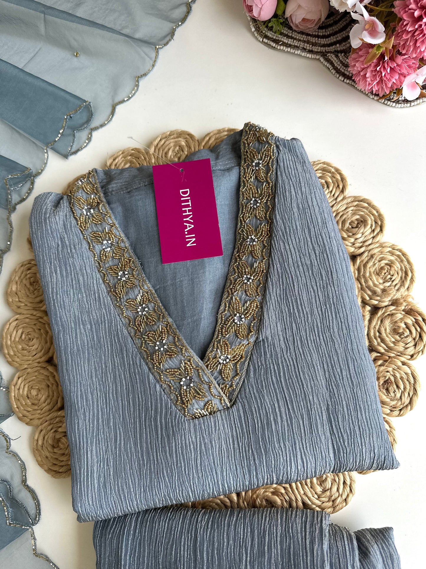 K057 - Crush tissue handwork straight Kurti with pants and dupatta
