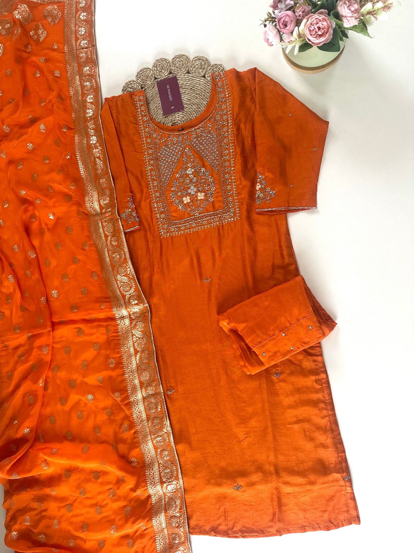 K271 - Russian silk Zardosi work straight kurti with pants and Banarasi silk dupatta .