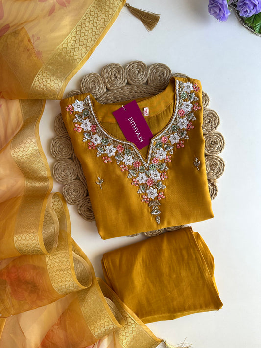 K361 - Roman silk handwork straight Kurti with pants and dupatta