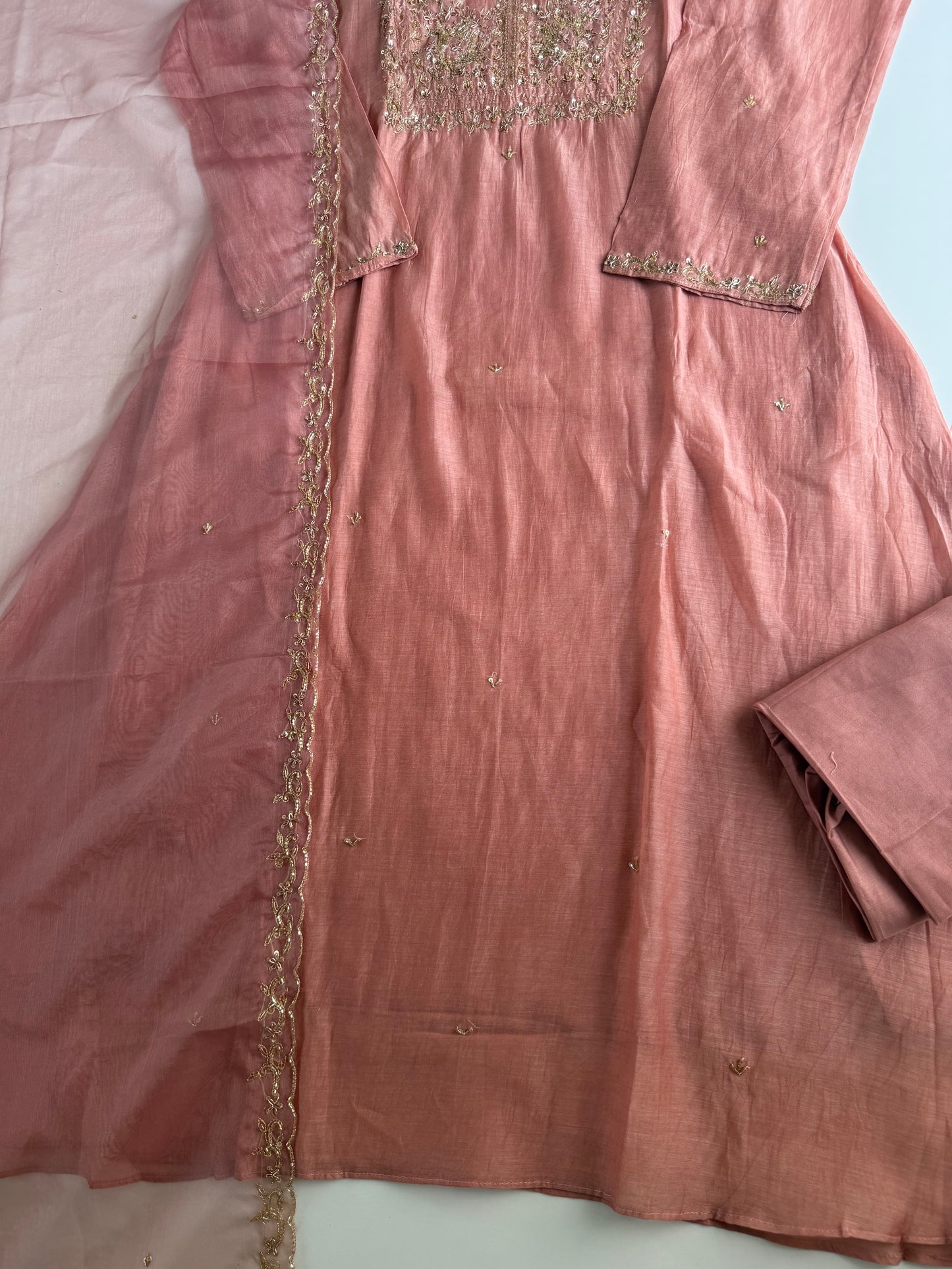 K372 - Mul chanderi handwork aline Kurti with pants and dupatta