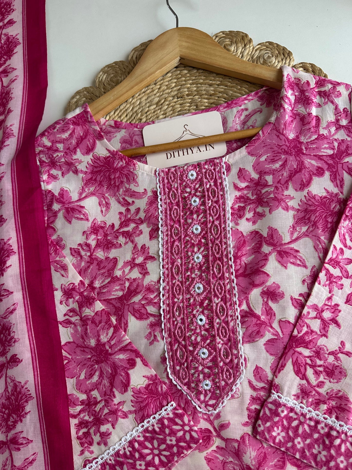 K213 - Cotton embroidered straight Kurti with pants and dupatta
