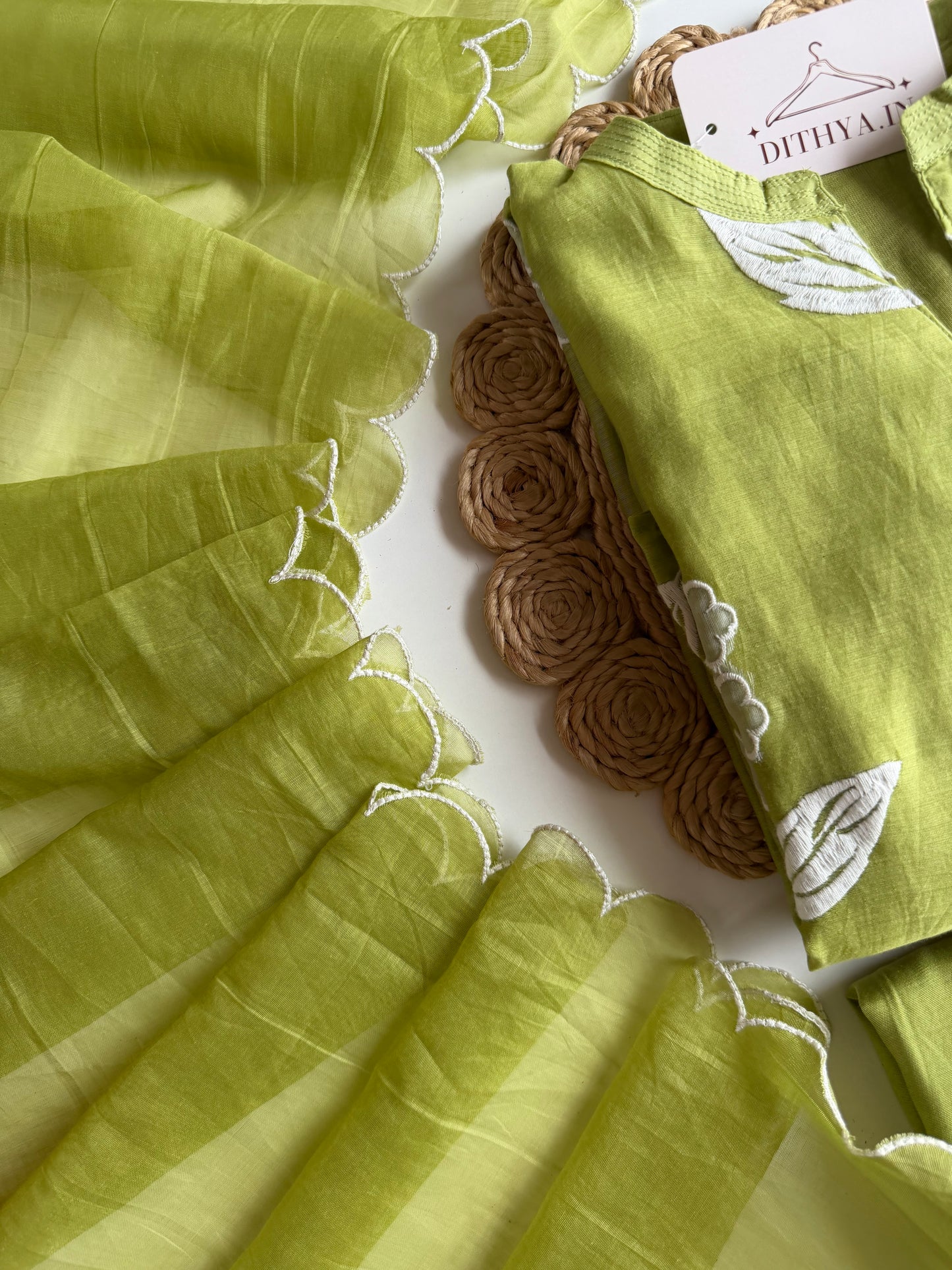 K537 - Mul chanderi appliqué work aline Kurti with pants and dupatta in 2 colours
