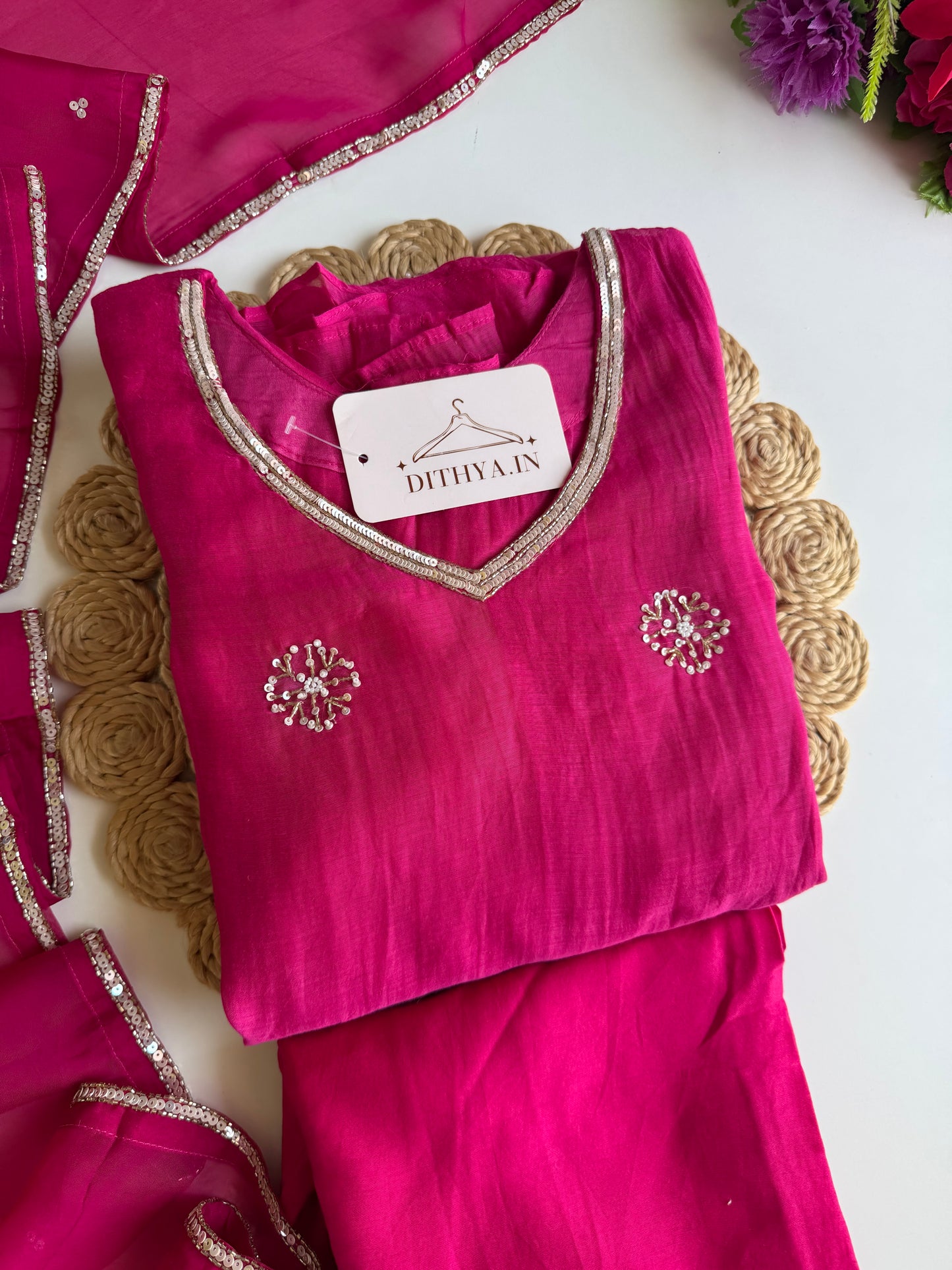 K524 - Mul chanderi handwork aline Kurti with pants and dupatta