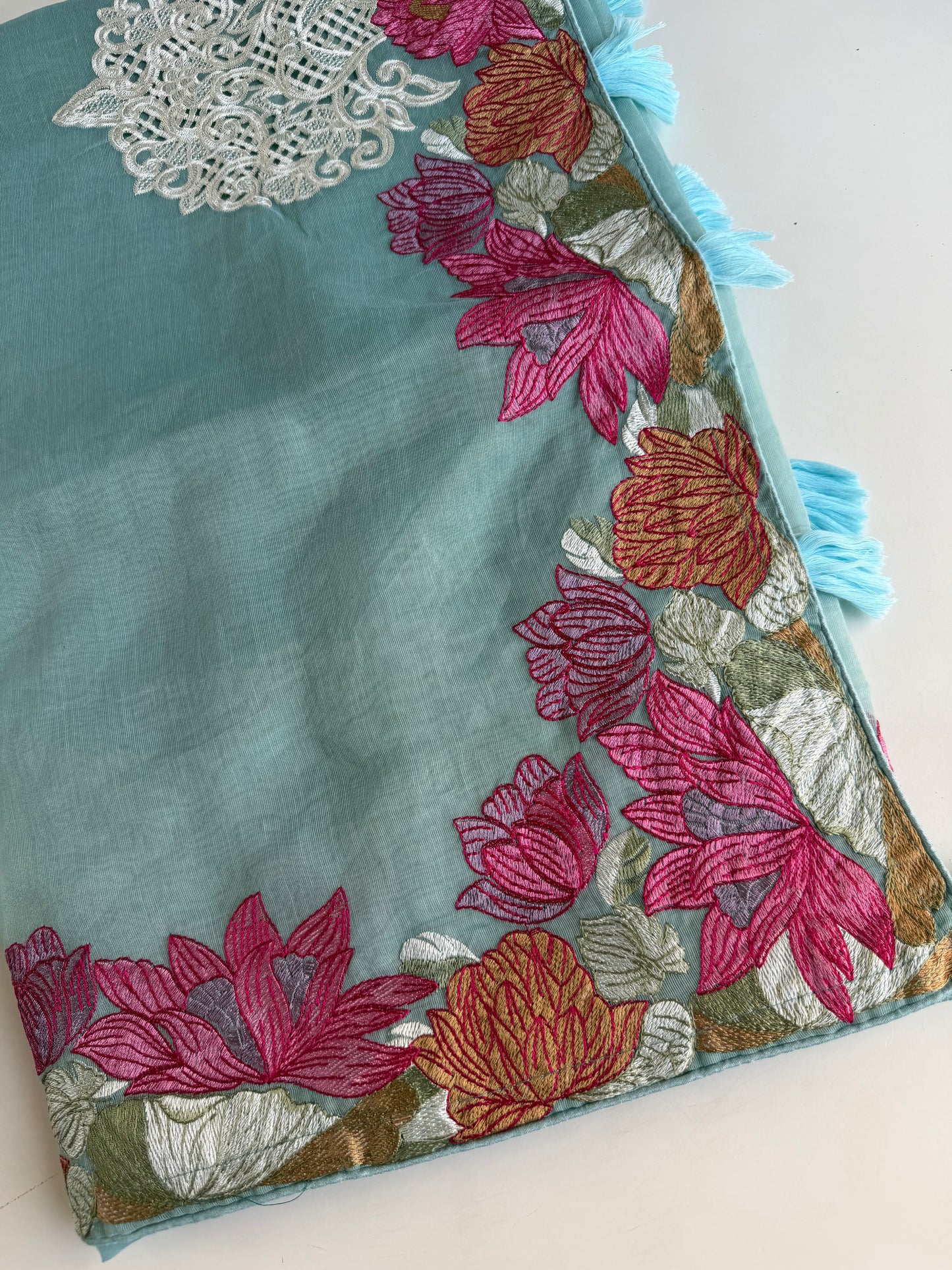 S020 - Soft organza appliqué embroidered saree in 3 colours