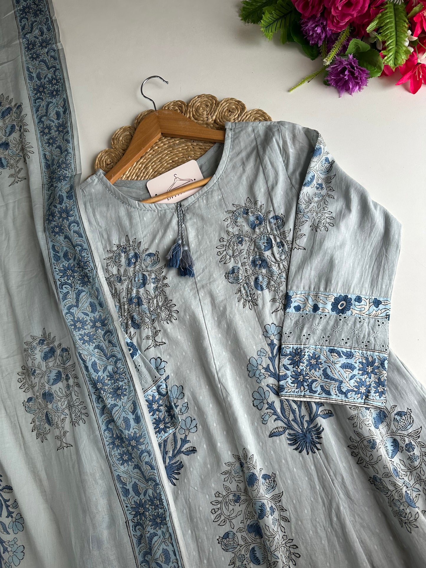 K213 - Mul cotton block print & embroidered Anarkali with pants and dupatta