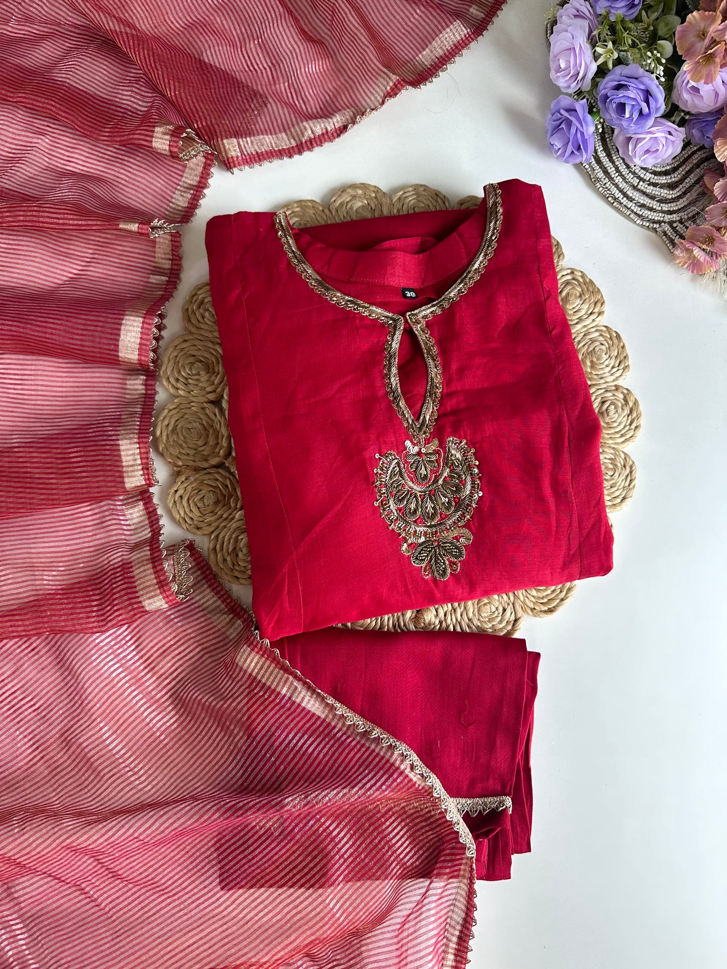 K035 - Mul Chanderi Handwork Aline Kurti with pants and dupatta in 2 colours