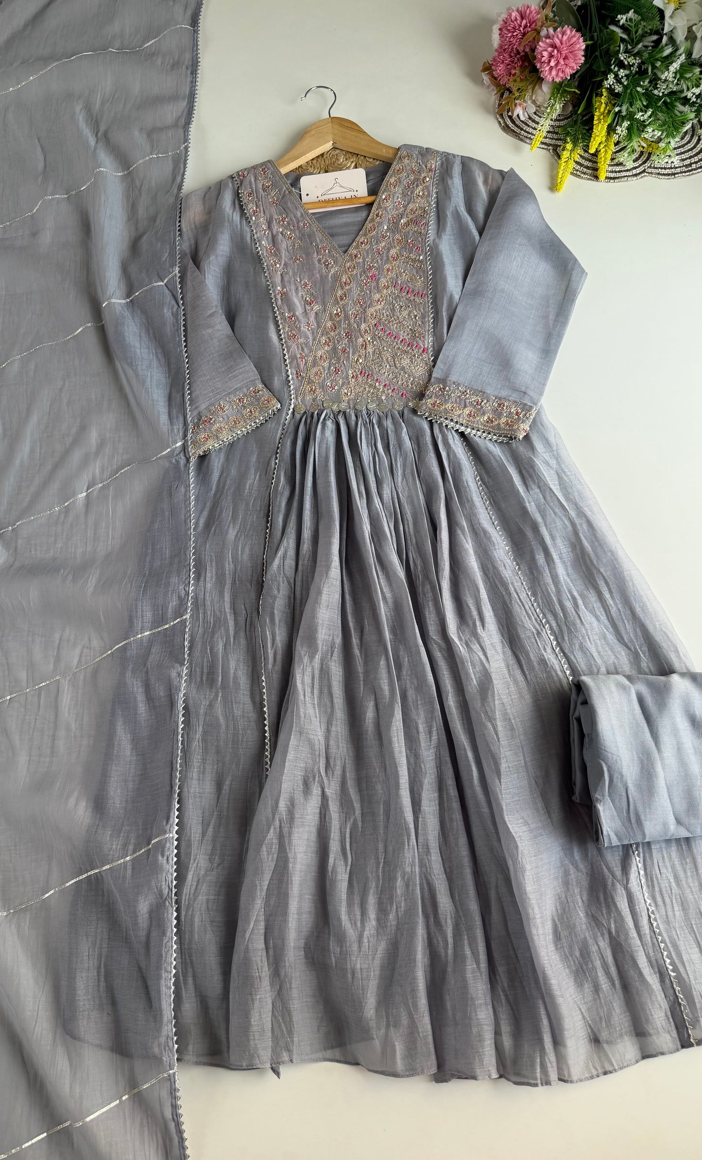 K486 - Mul Chanderi handwork Anarkali with pants and dupatta