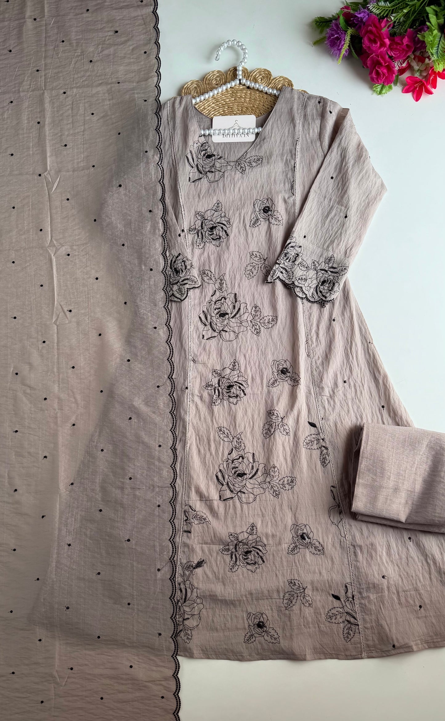 K028 - Crushed Surat Mul chanderi embroidered Aline Kurti with pants and dupatta