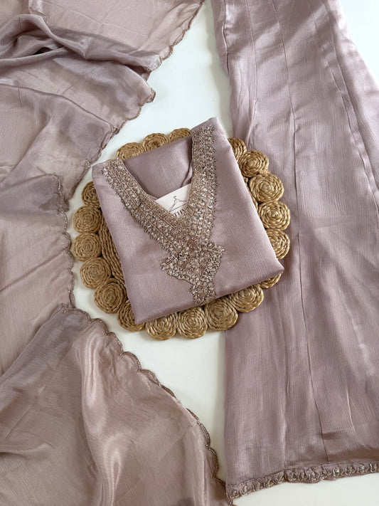 K514-Pure Chinnon handwork short Kurti with divider pants and dupatta