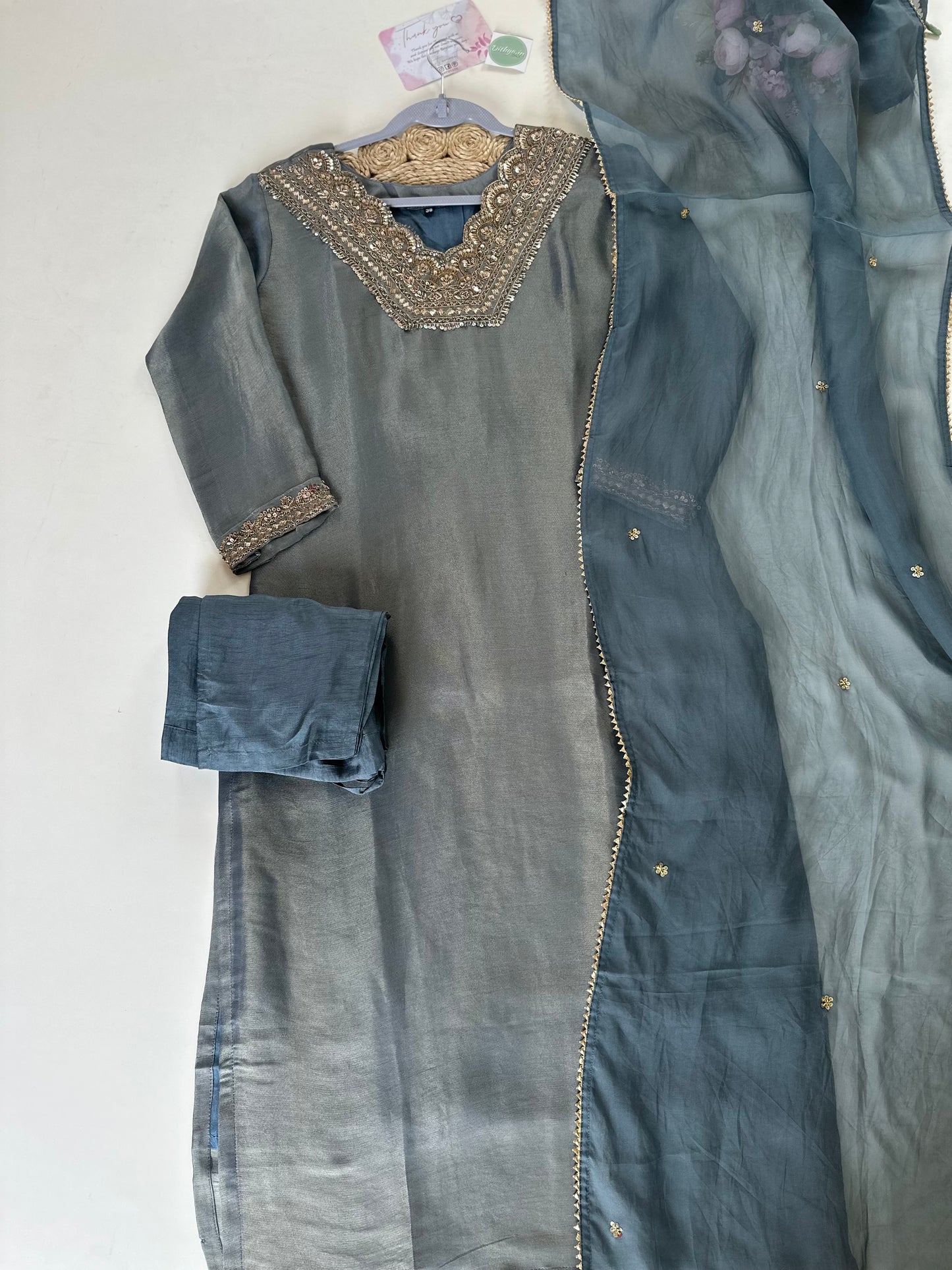 K156 - Shimmer Tissue silk Zardosi work straight kurti with straight pants and organza dupatta .