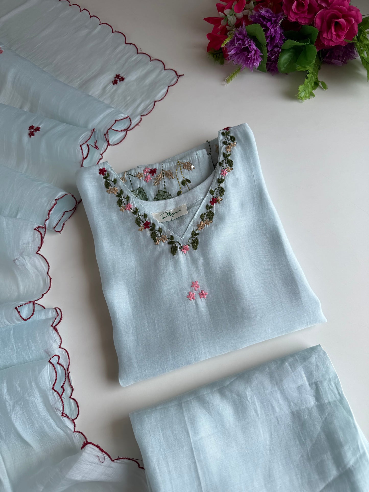 K516 - Surat Mul chanderi embroidered straight Kurti with pants and dupatta in 2 colours