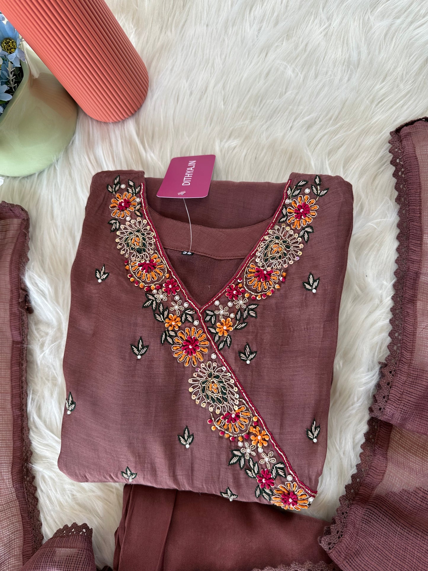 K404 - Mul Chanderi Handwork Angrakha Aline Kurti with pants and dupatta