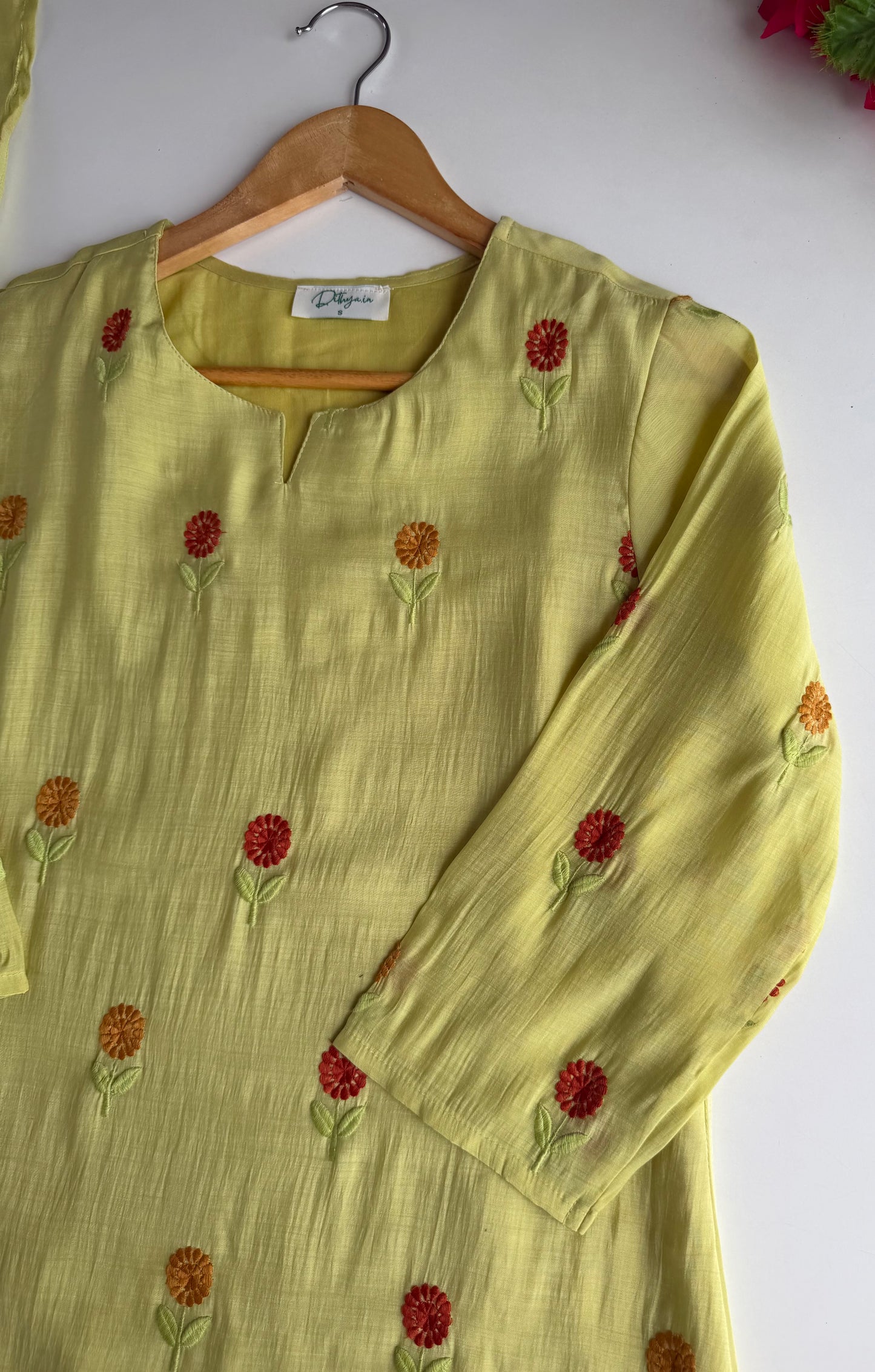 K570 - Surat Mul chanderi embroidered Aline Kurti with pants and dupatta