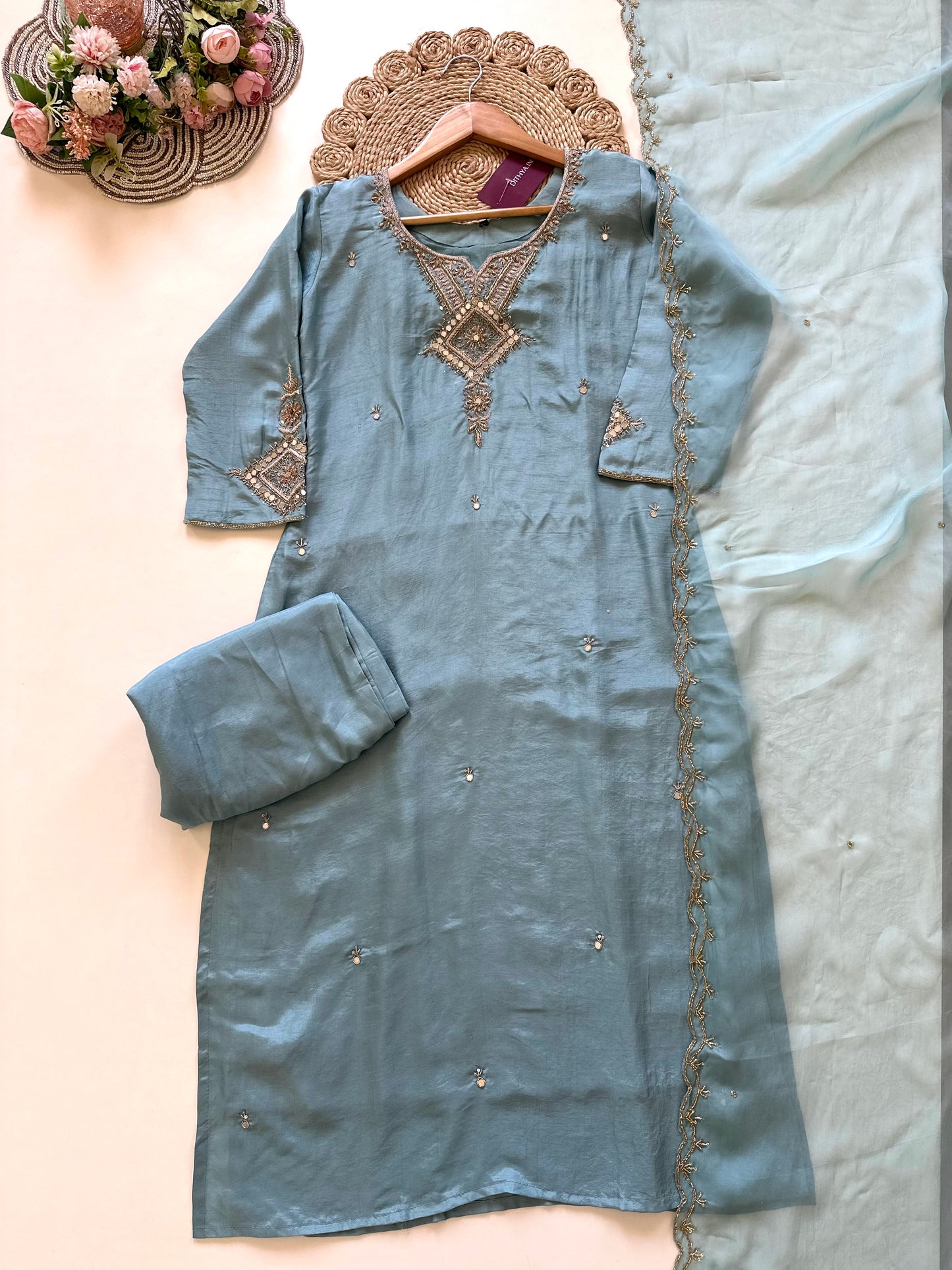 K360 - Russian silk Handwork straight kurti with pants and dupatta .