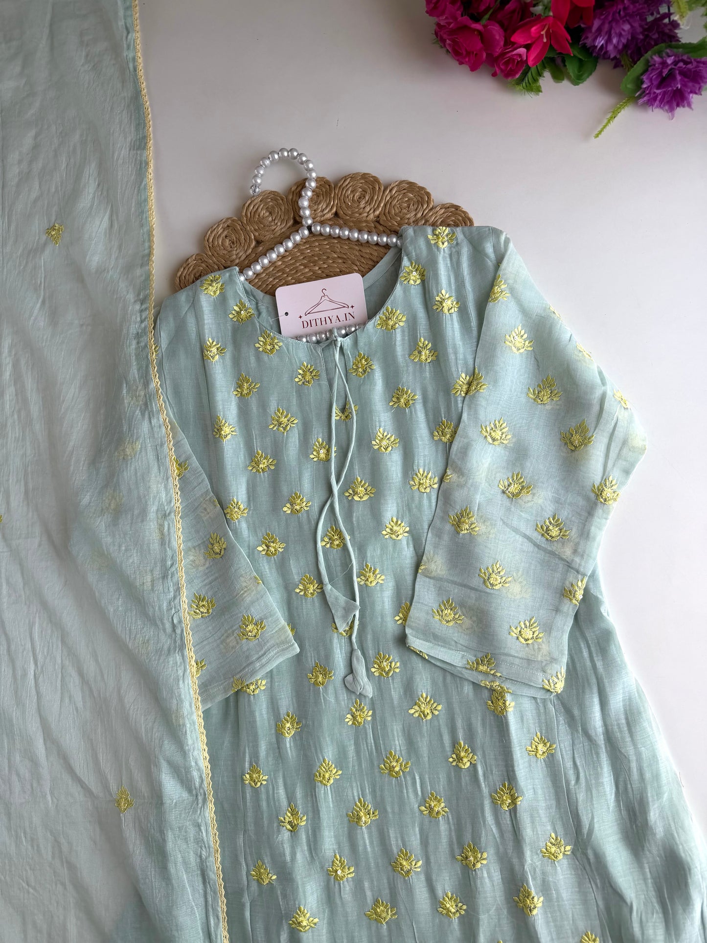 K679 - Mul chanderi embroidered Aline Kurti with pants and dupatta