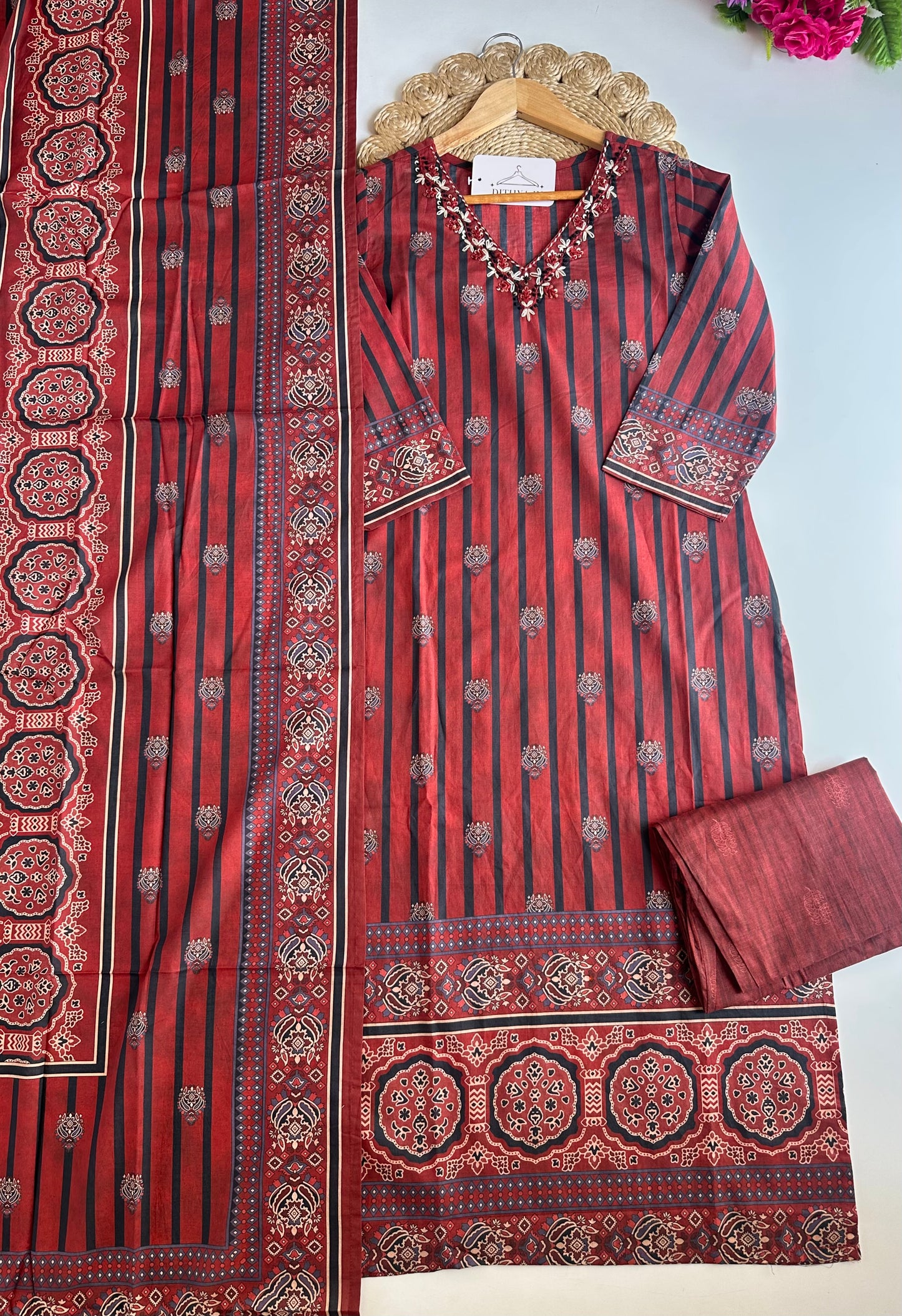 K189 - Mul cotton embroidered straight Kurti with pants and dupatta