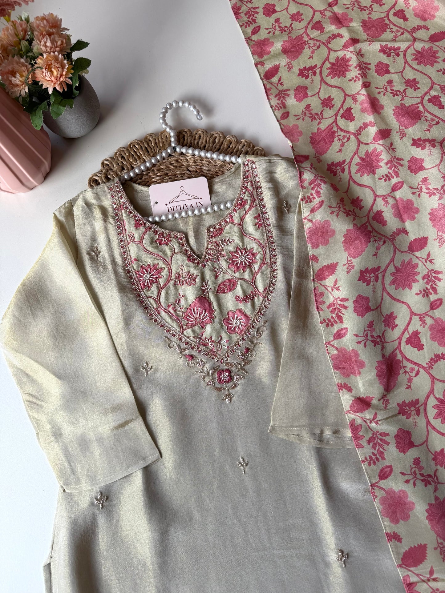 K590 - Tissue silk straight Kurti with pants and dupatta