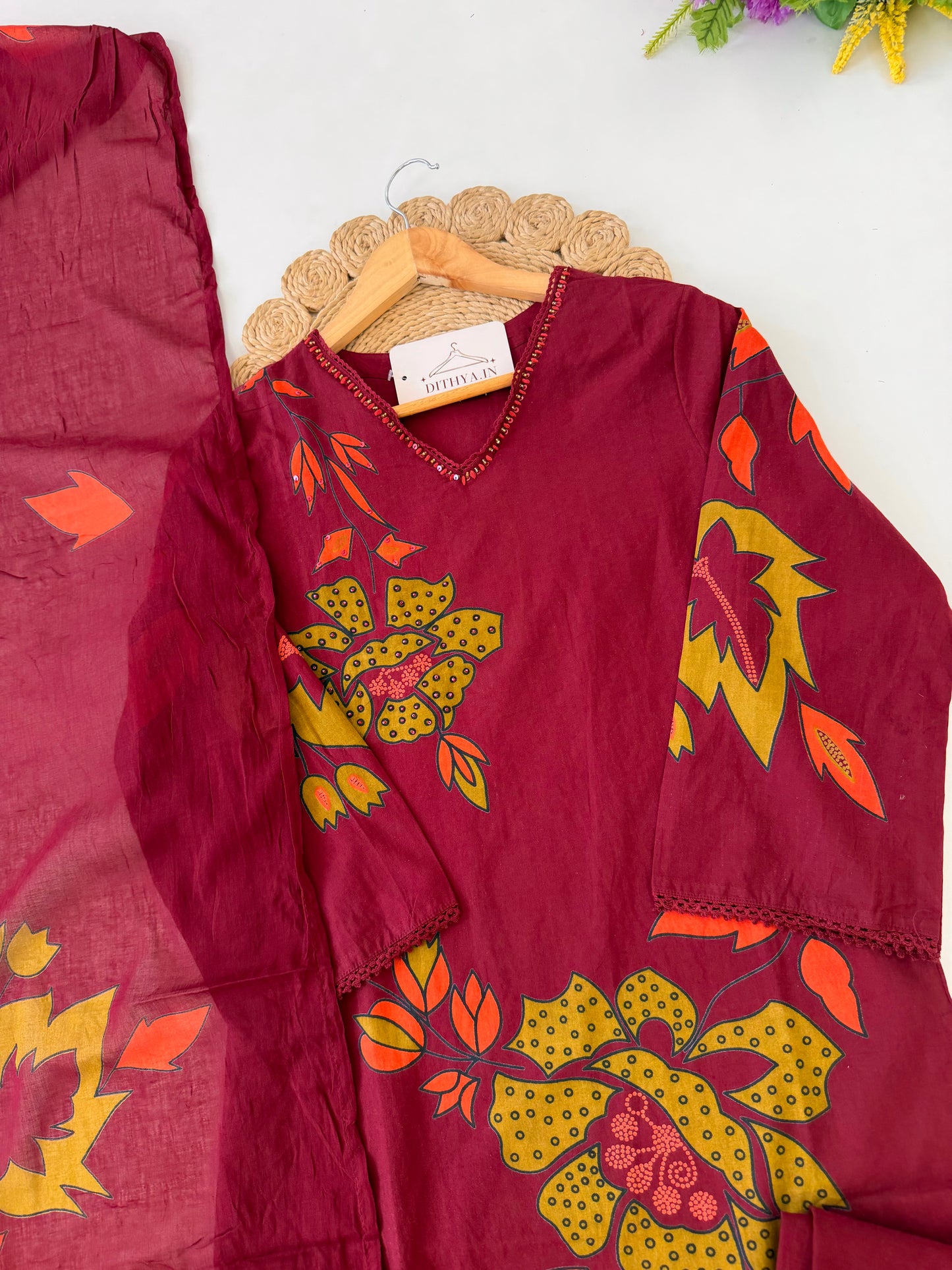 K626 - Mul cotton embroidered straight Kurti with pants and dupatta
