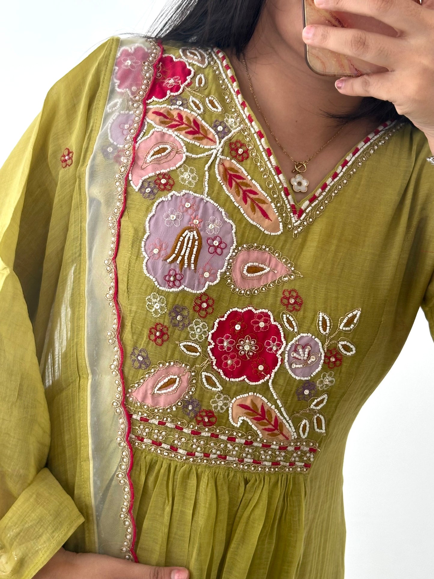 K366 - Mul Chanderi handwork Anarkali with pants and dupatta