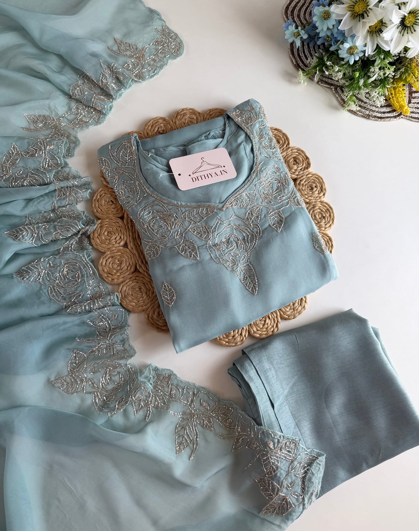 K425 - Soft viscose organza cutdhana work Aline Kurti with pants and dupatta