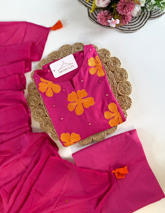 K634 - Mul cotton embroidered Aline Kurti with pants and dupatta