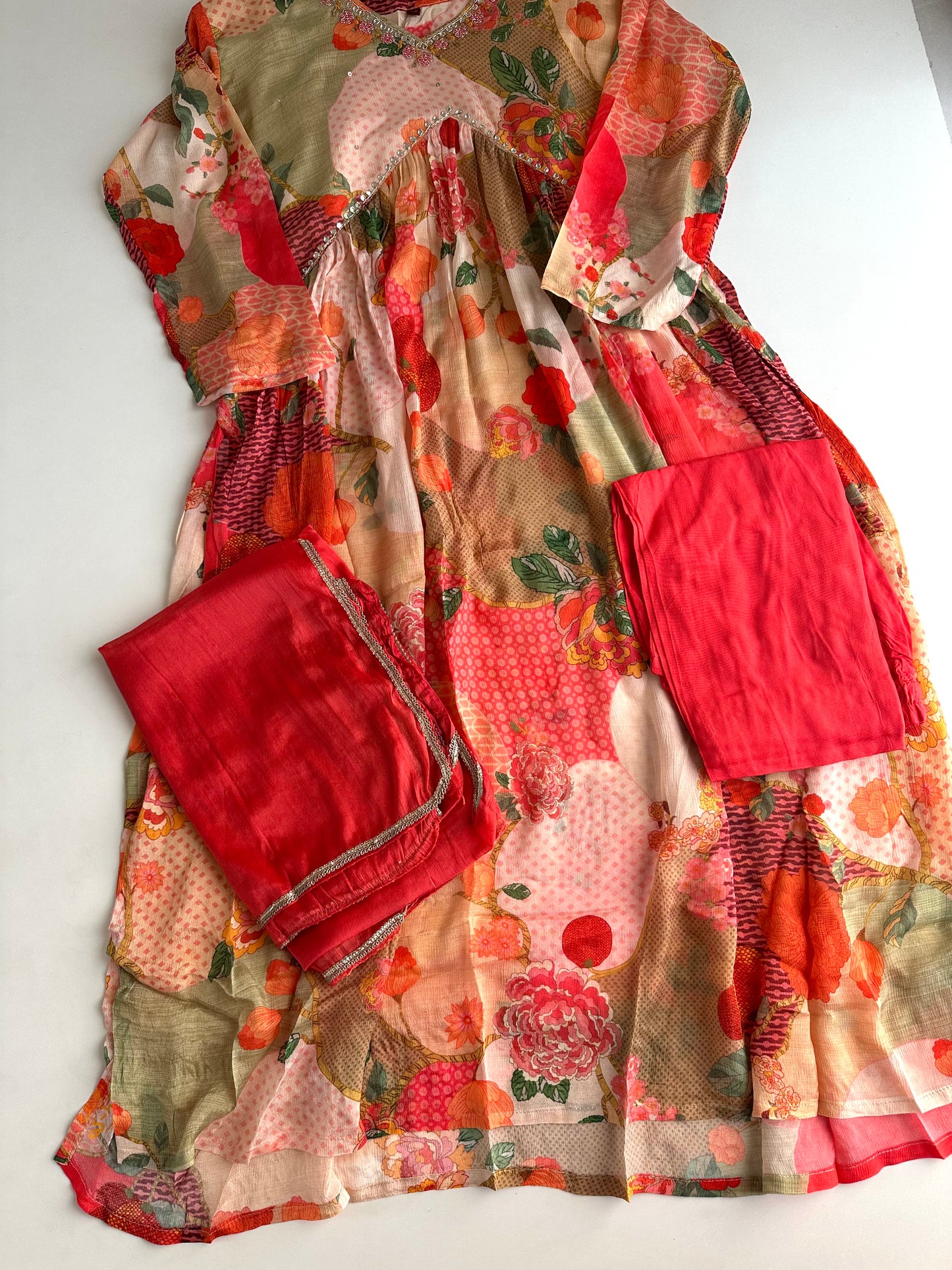 D152 - Chinnon Silk Alia cut Anarkali with pants and dupatta