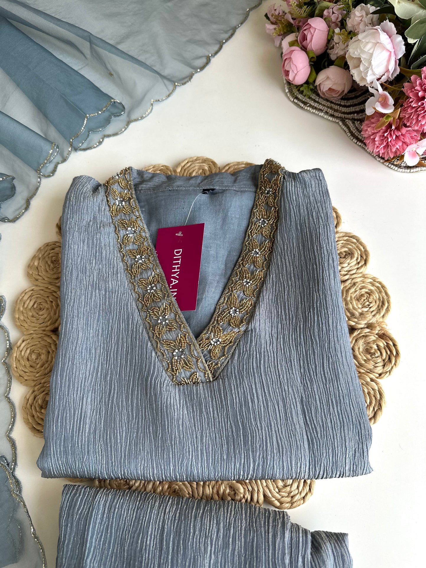 K057 - Crush tissue handwork straight Kurti with pants and dupatta