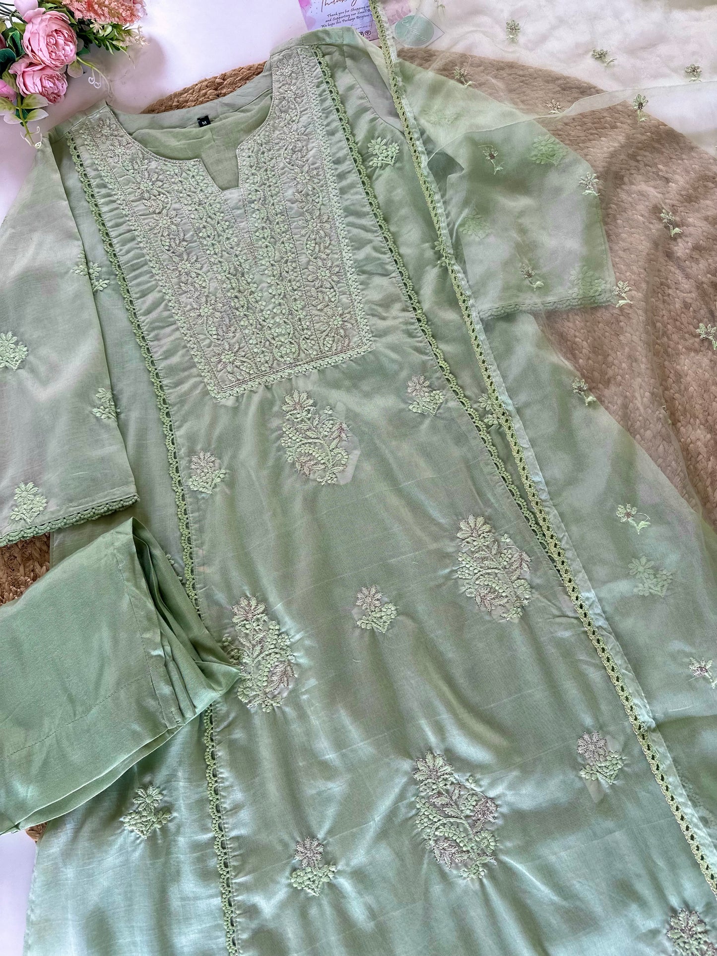 K309 - Chikankari Cotton Anarkali with pants and dupatta.