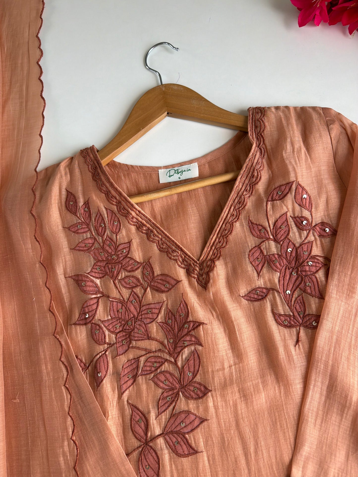 K567 - Mul chanderi embroidered straight Kurti with pants and dupatta