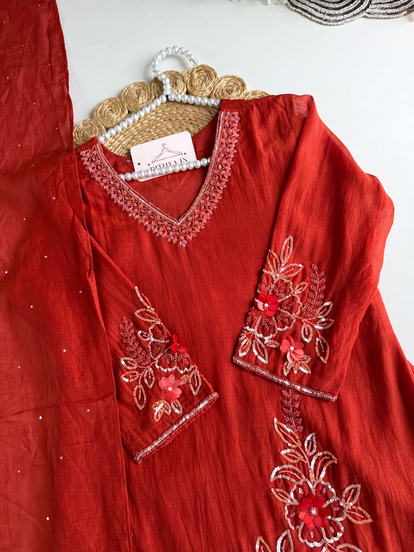 K173 - Mul chanderi handwork short Kurti with palazzo and dupatta