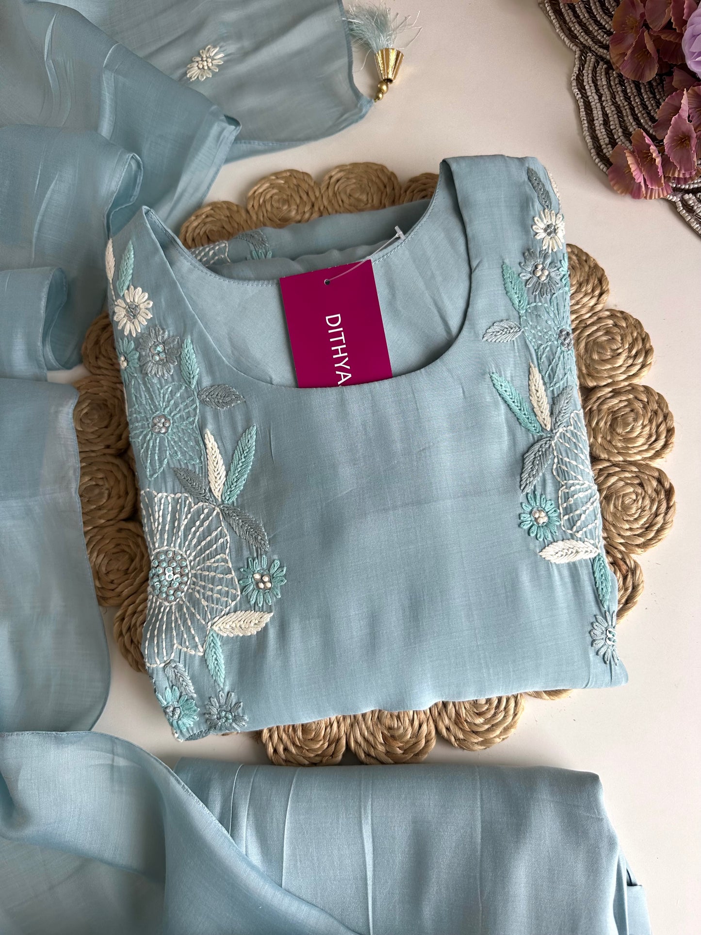 K319 - Mul Chanderi embroidered Aline Kurti with pants and dupatta
