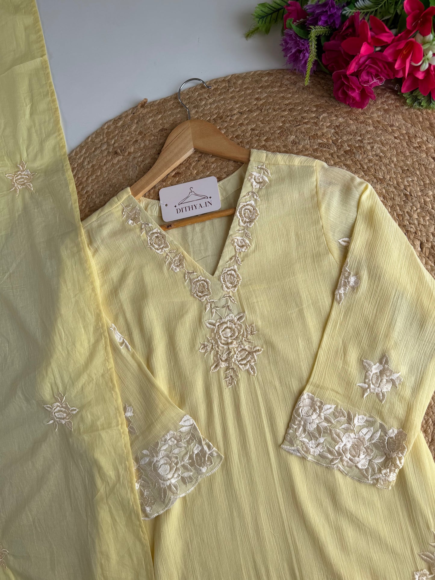 K205 - Crushed mul chanderi embroidered straight Kurti with pants and dupatta