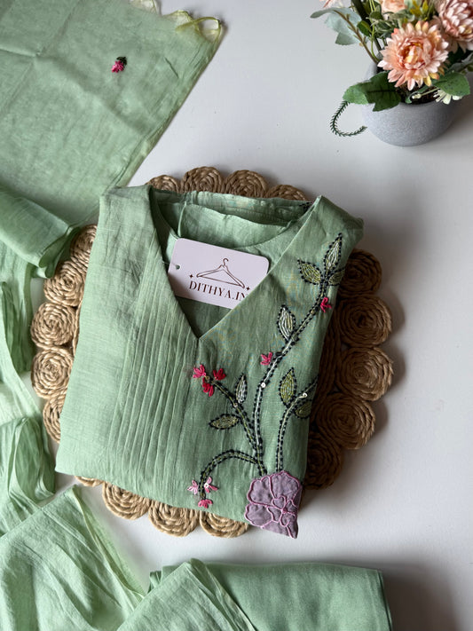 K636 - Mul chanderi hand embroidered Aline Kurti with pants and dupatta