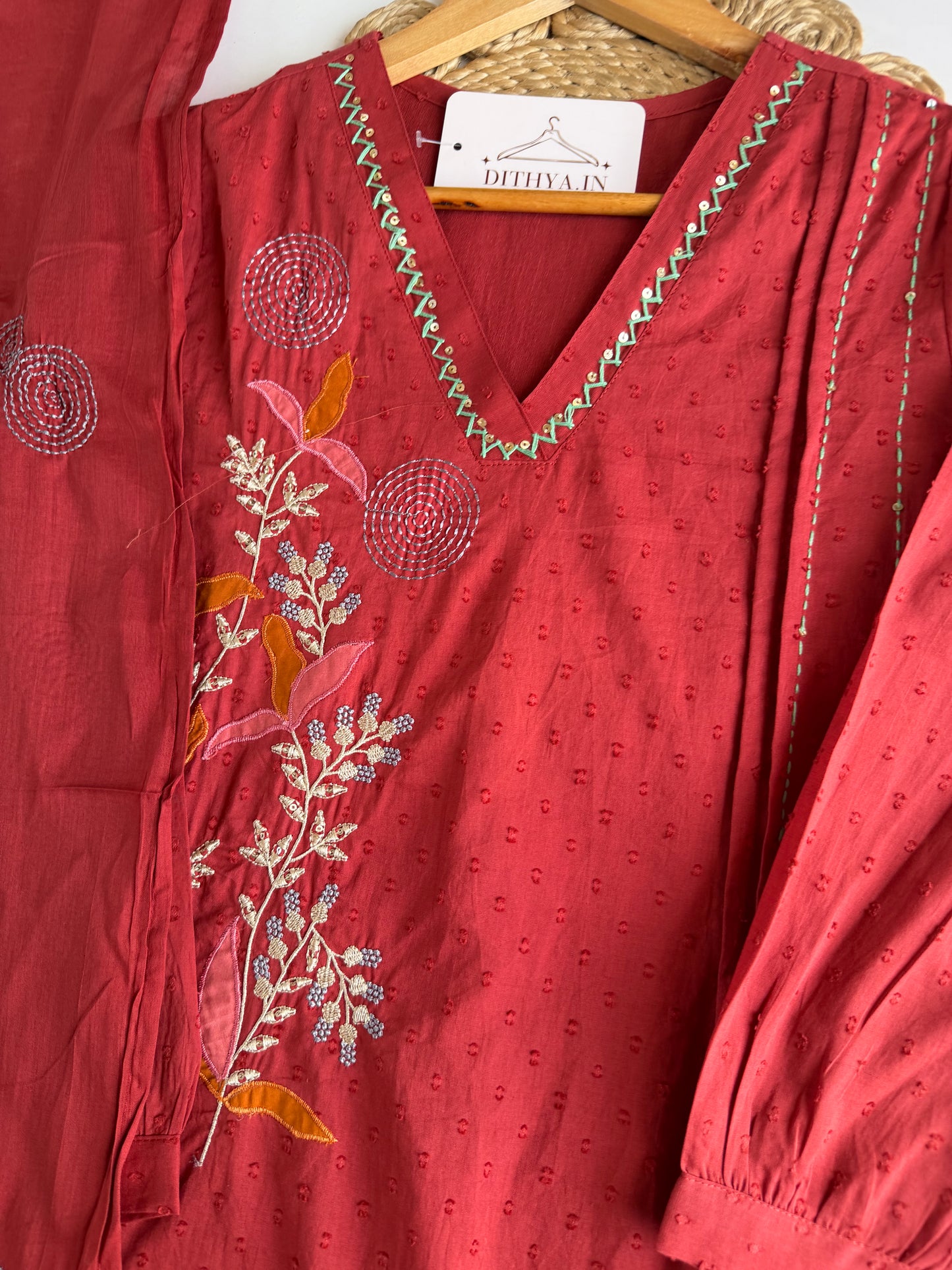 K721 - Mul cotton embroidered Aline   Kurti with pants and dupatta