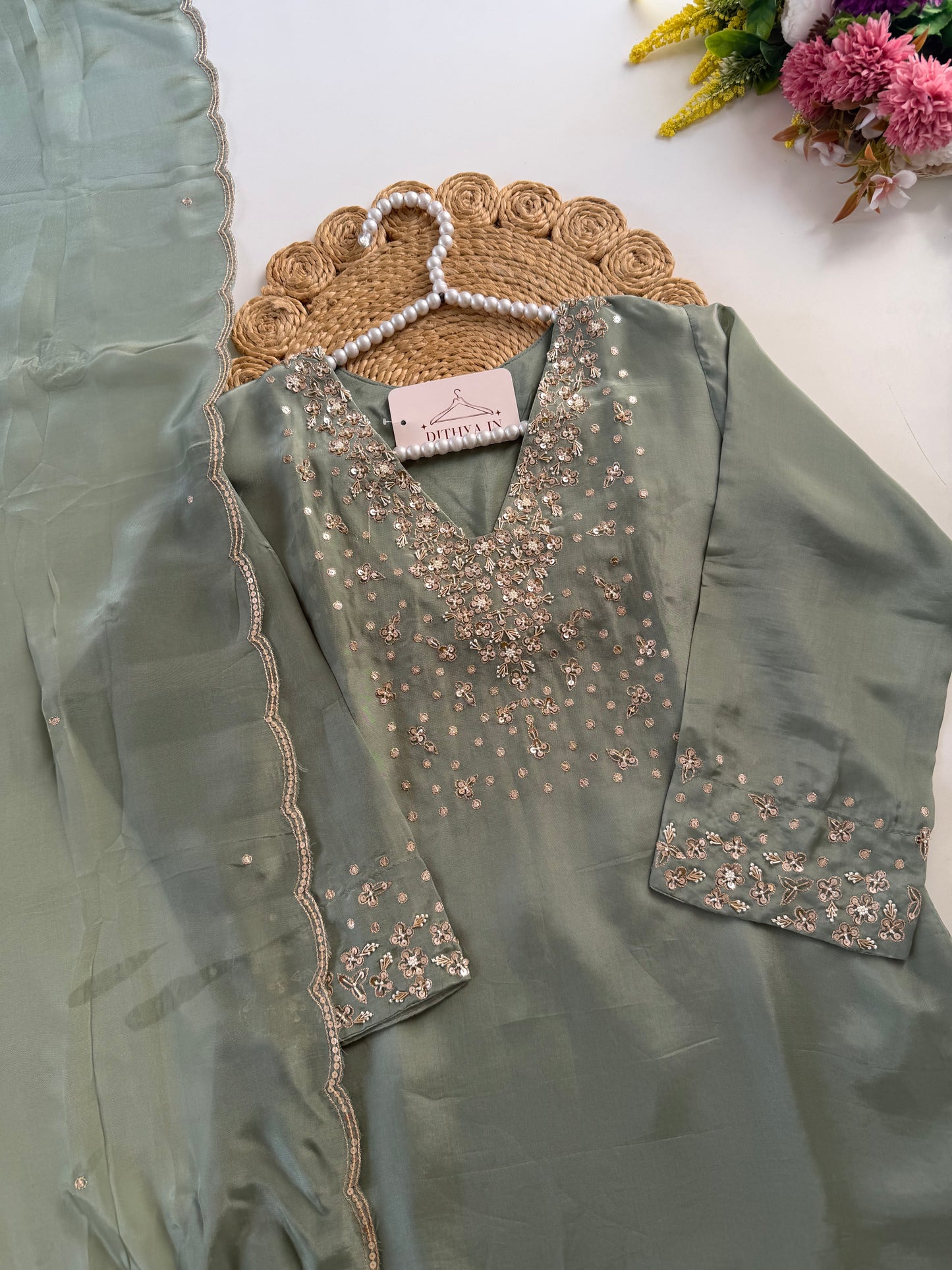 K082 - Ho silk Handwork straight Kurti with pants and dupatta