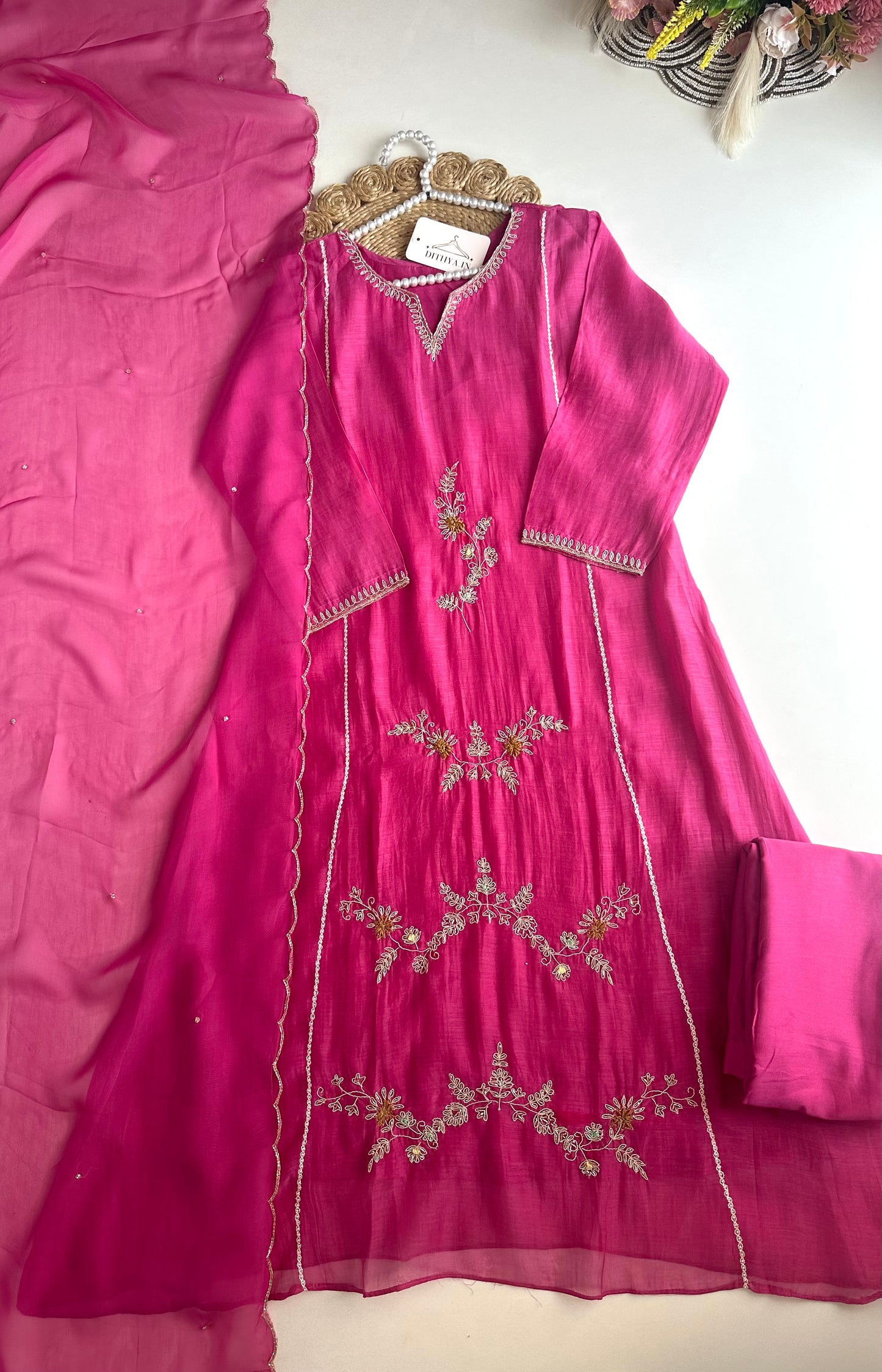 K477 - Mul Chanderi handwork Aline Kurti with pants and dupatta
