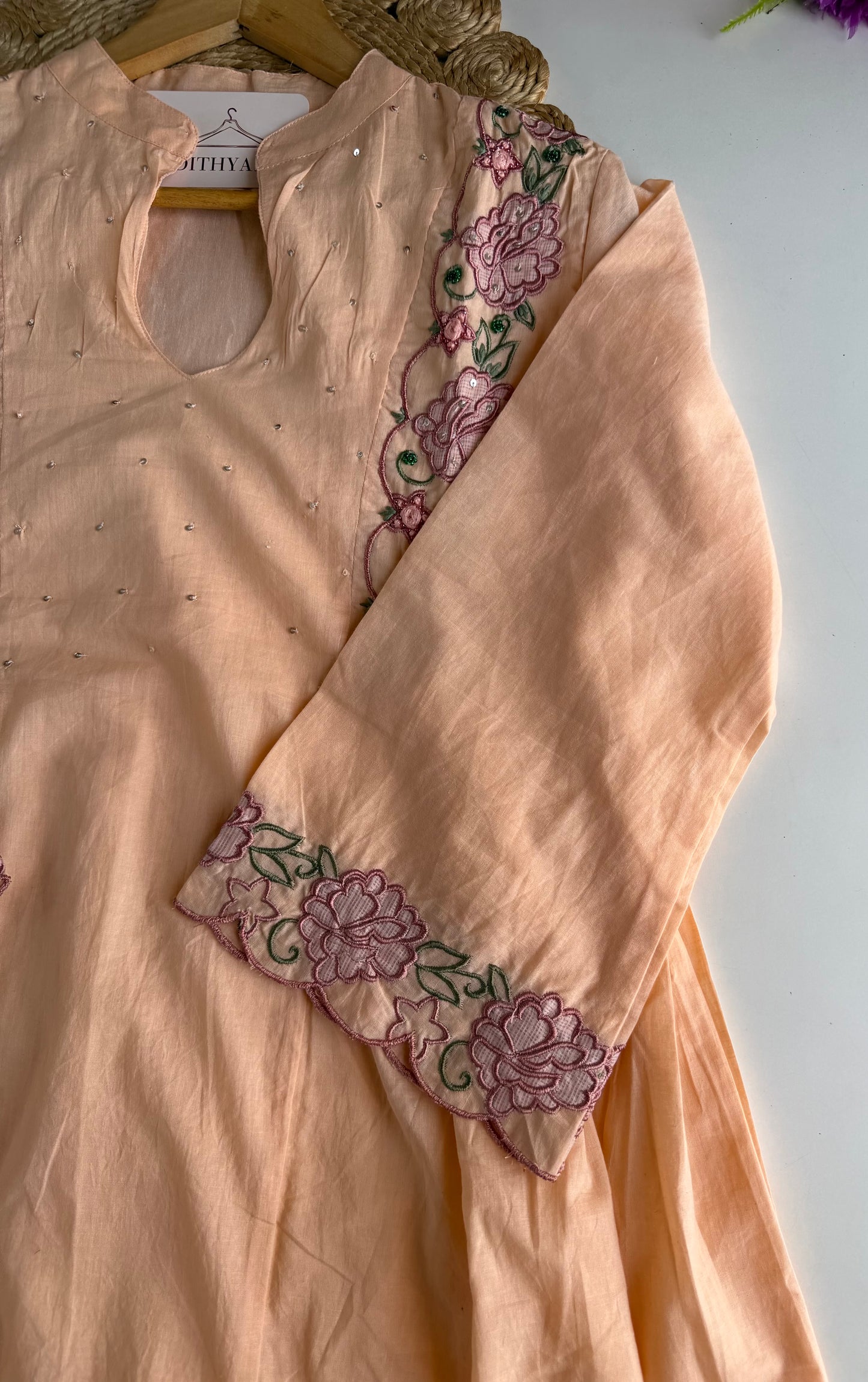 K727 - Mul cotton embroidered Aline Kurti with pants and dupatta