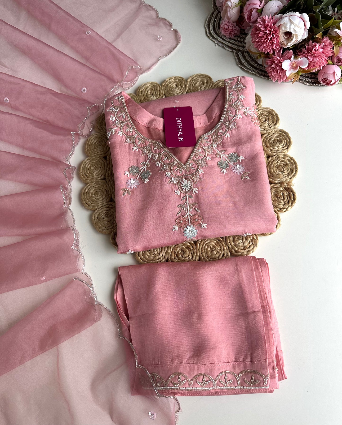 K052 - Russian silk handwork short Kurti with pants and dupatta