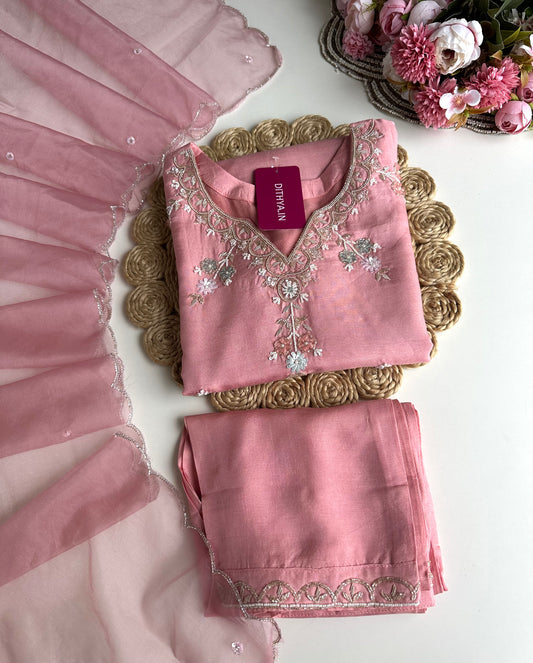 K052 - Russian silk handwork short Kurti with pants and dupatta