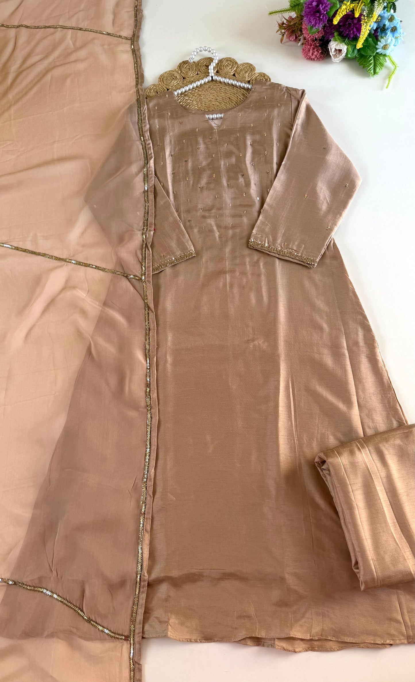 K410 - Russian silk handwork aline Kurti with pants and dupatta