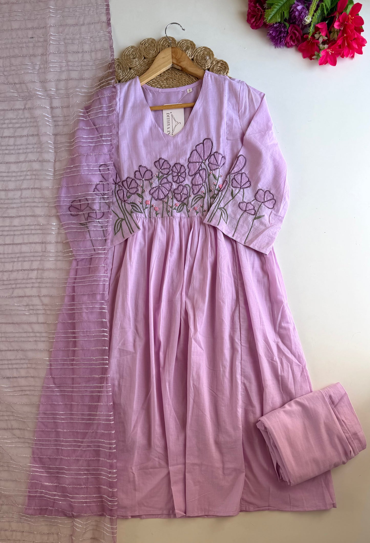 K213 - Mul cotton embroidered Anarkali with pants and dupatta
