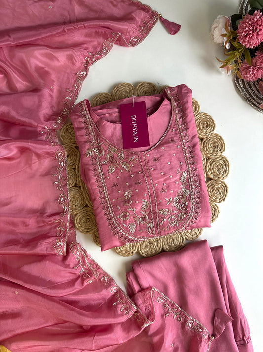 K470 - HO silk handwork Aline Kurti with pants and dupatta