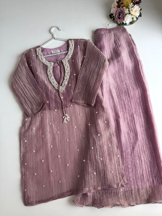 K734 - Tissue silk handwork aline Kurti with bustier and divider pants