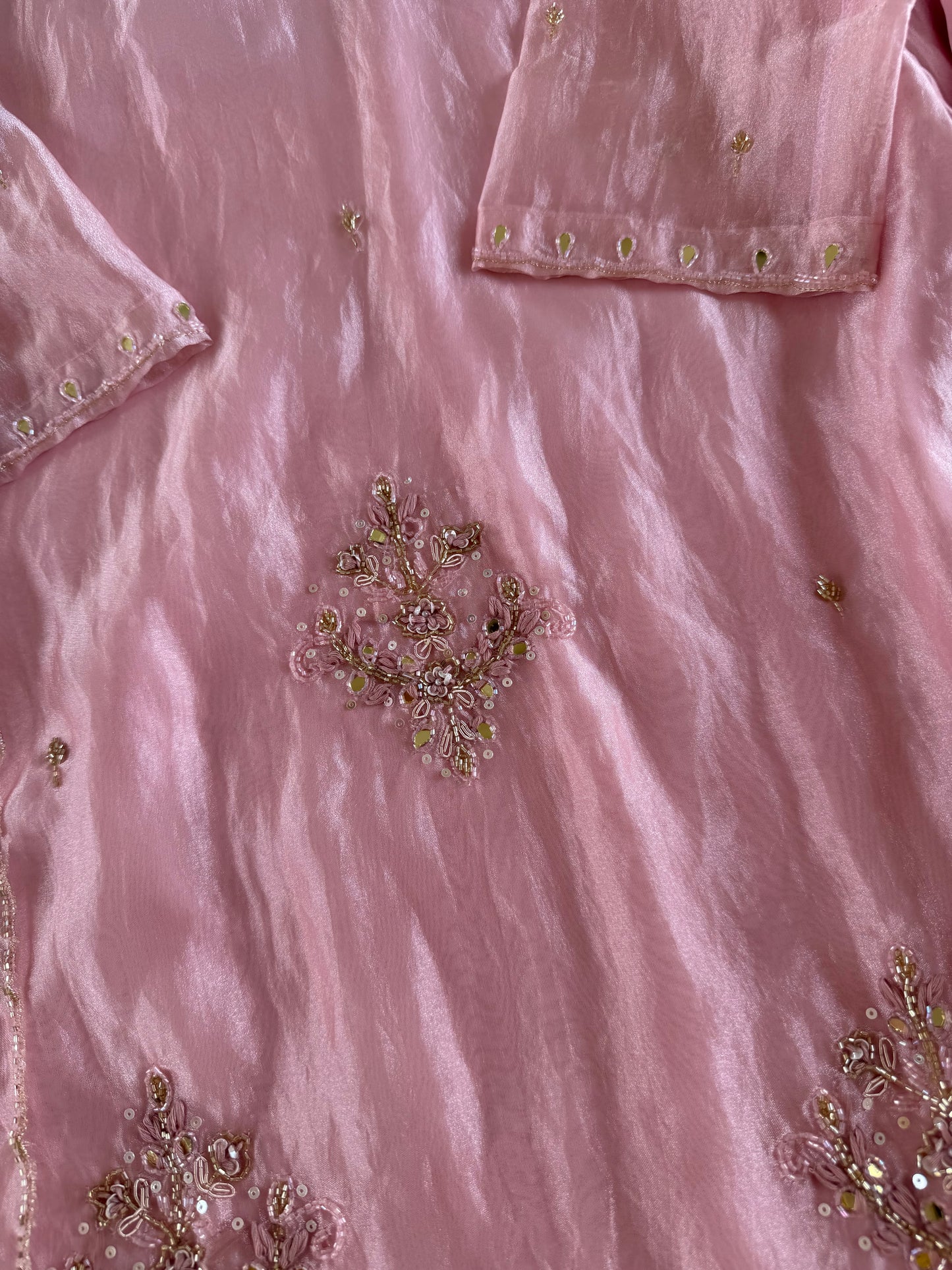 K391 - Glass tissue silk handwork short Kurti with divider pants and dupatta